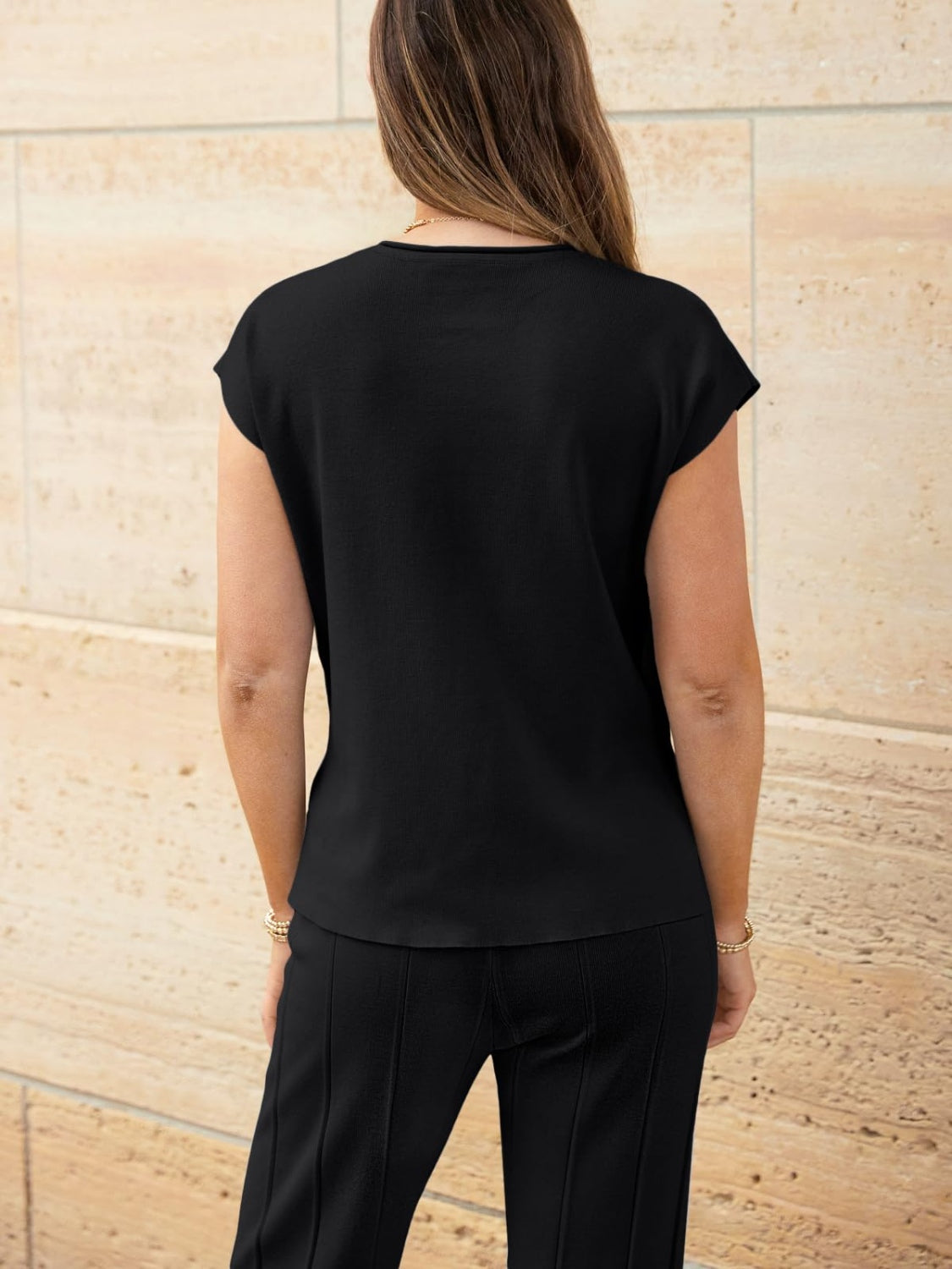 Set Round Neck Cap Sleeve Top and Pants Knit Set