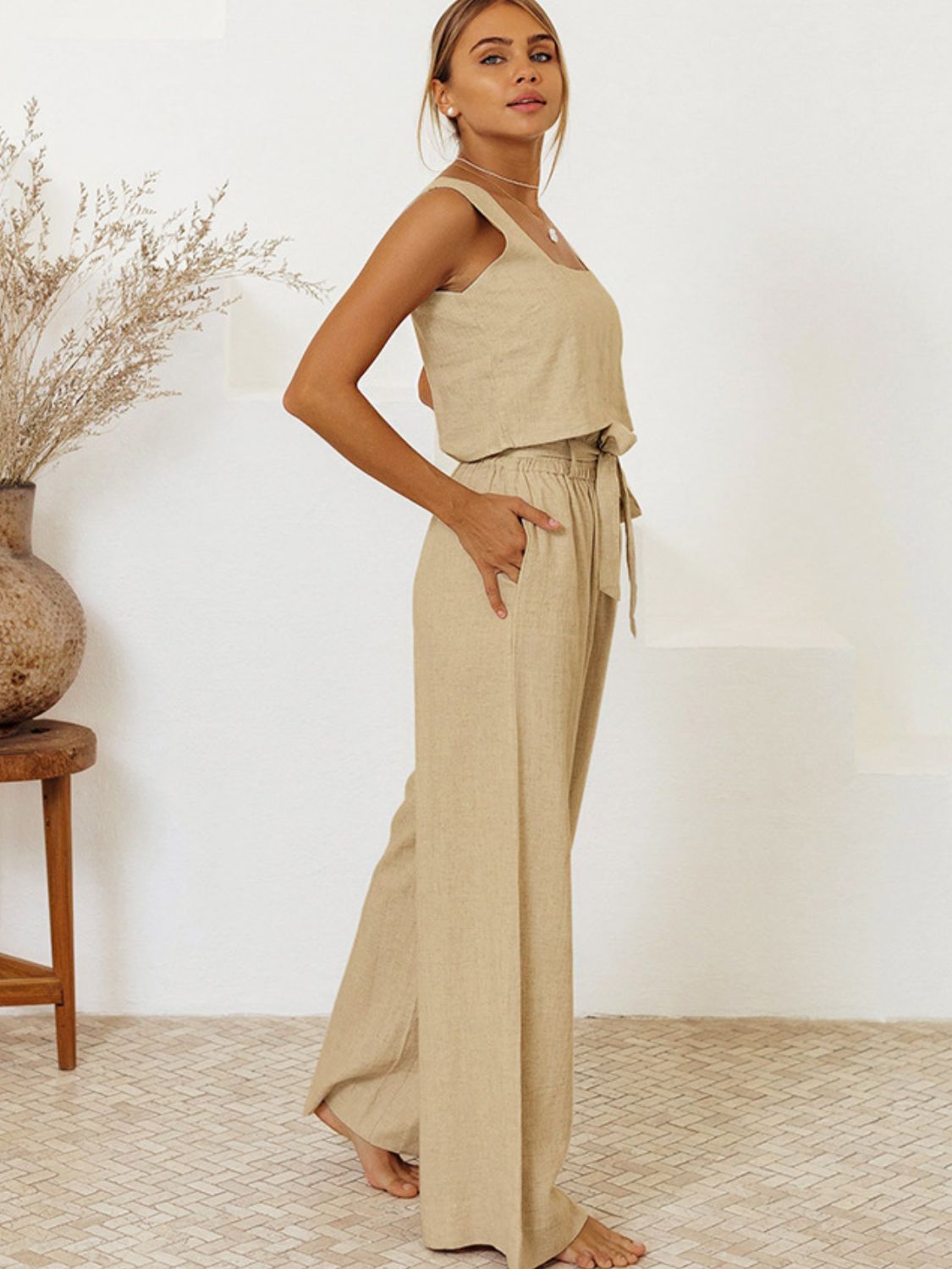 Set Square Neck Sleeveless Top and Pants Set