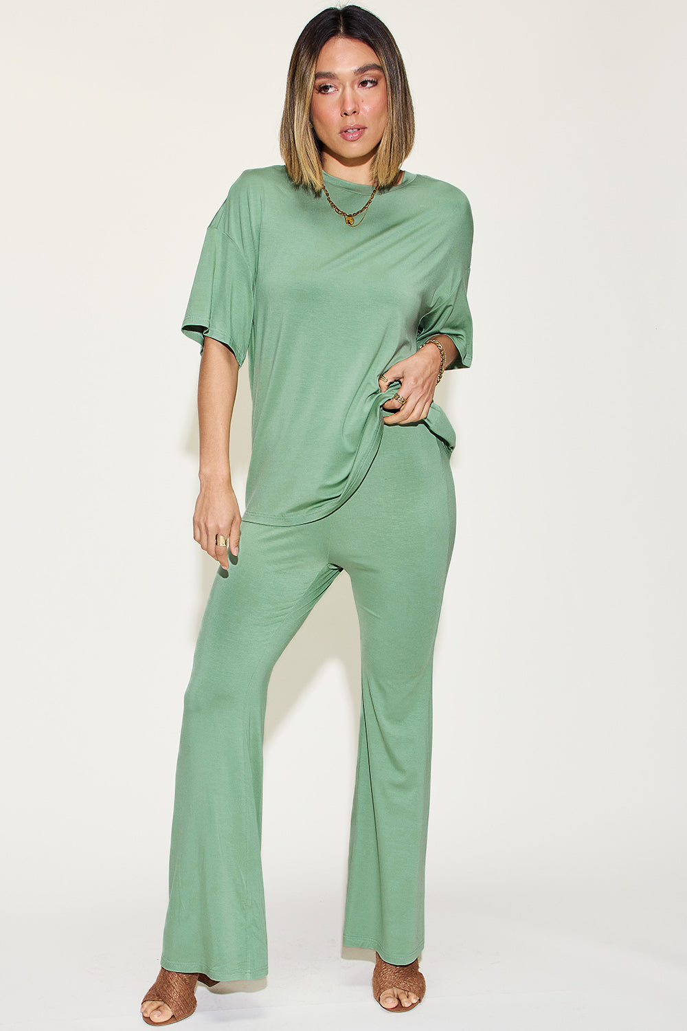 SET Basic Bae Full Size Bamboo Drop Shoulder top and Flare Pants Set