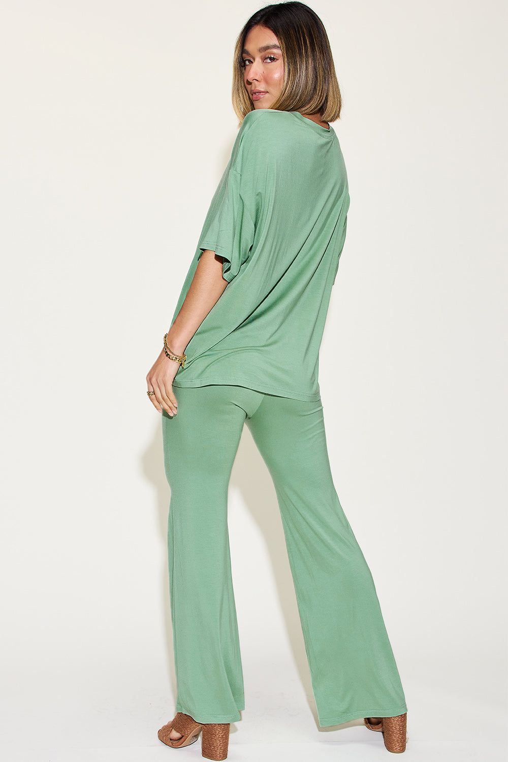 SET Basic Bae Full Size Bamboo Drop Shoulder top and Flare Pants Set