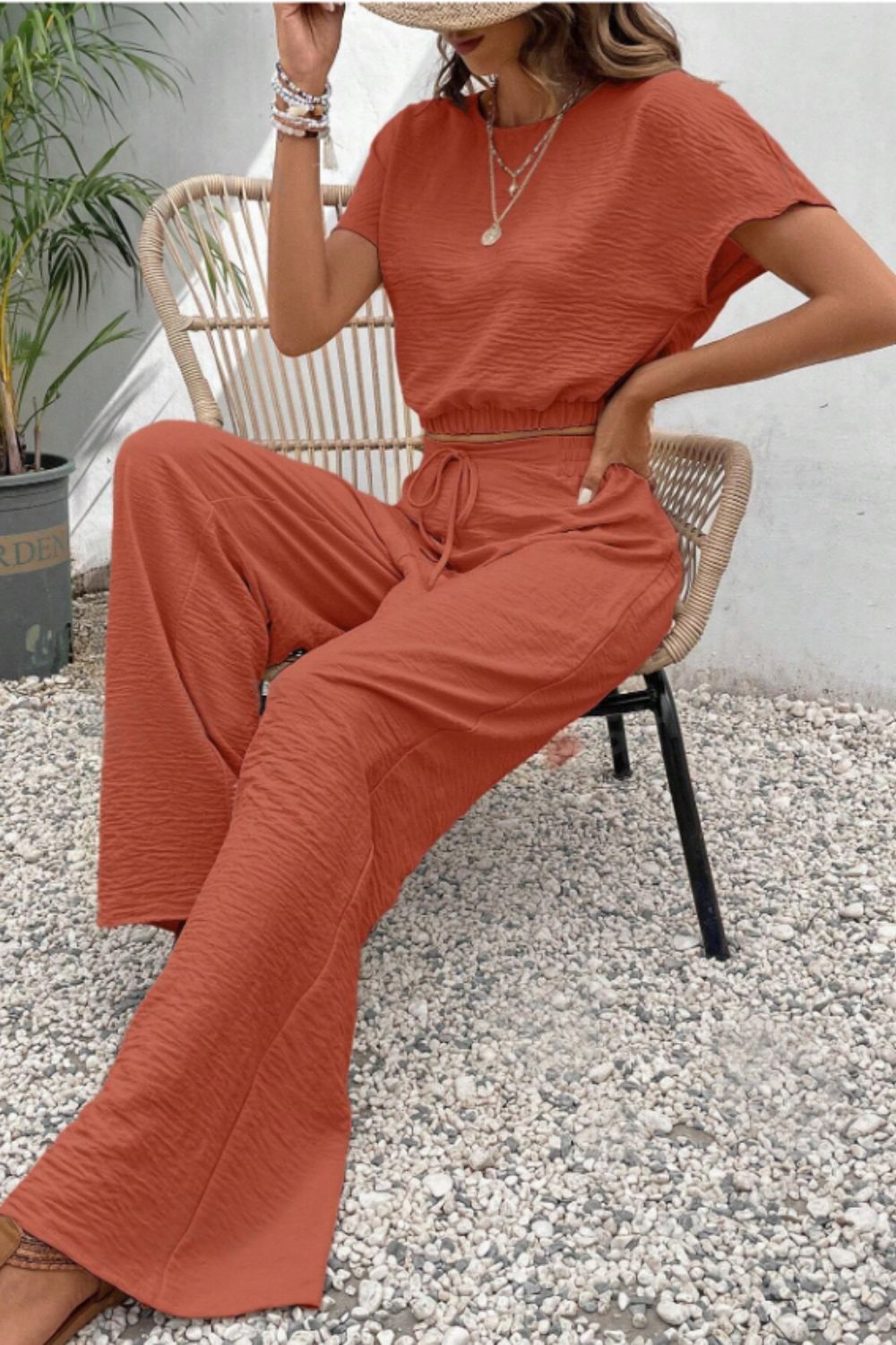 Set Round Neck Short Sleeve Top and Pants