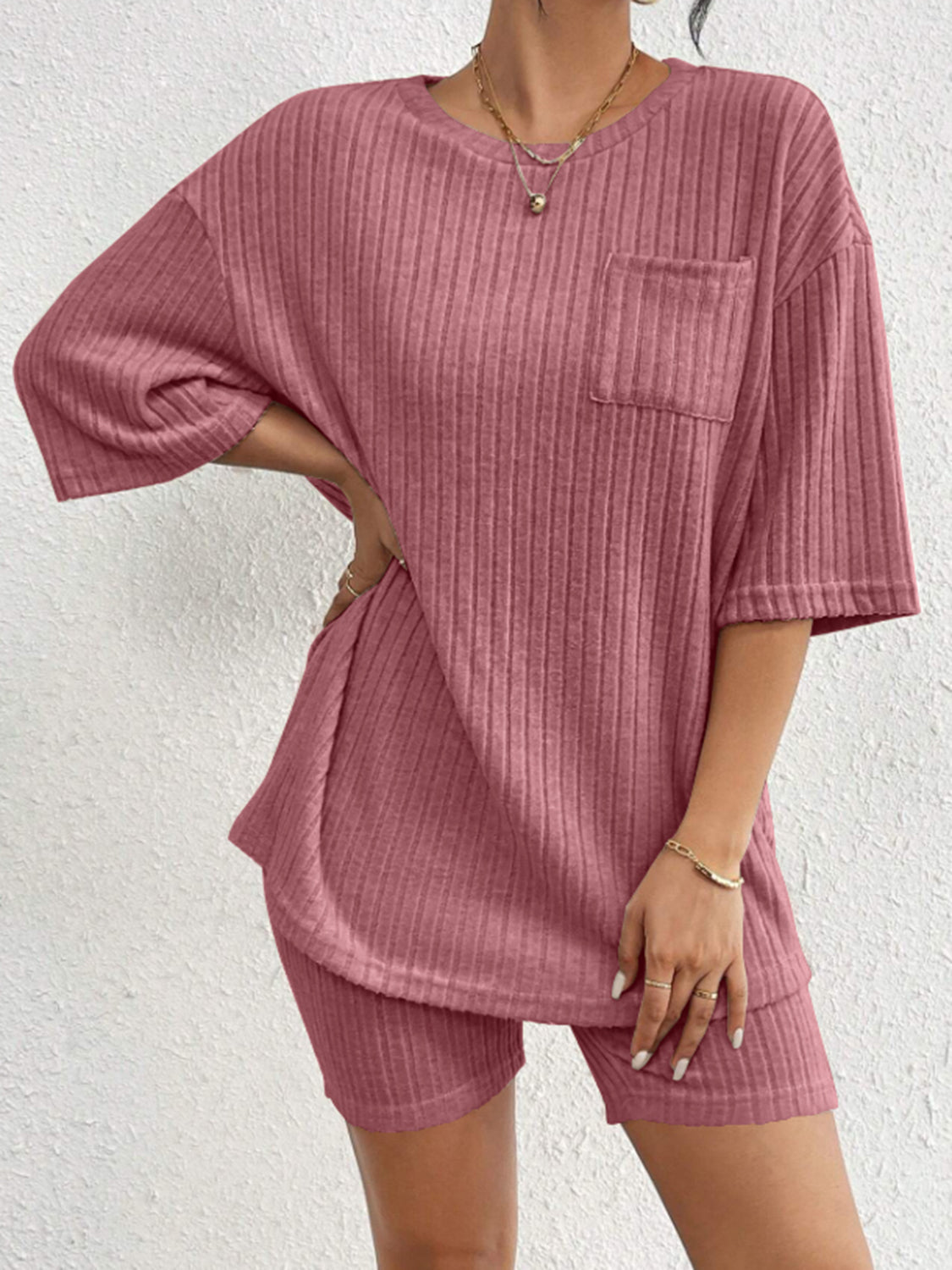 Set Ribbed Round Neck Top and Shorts