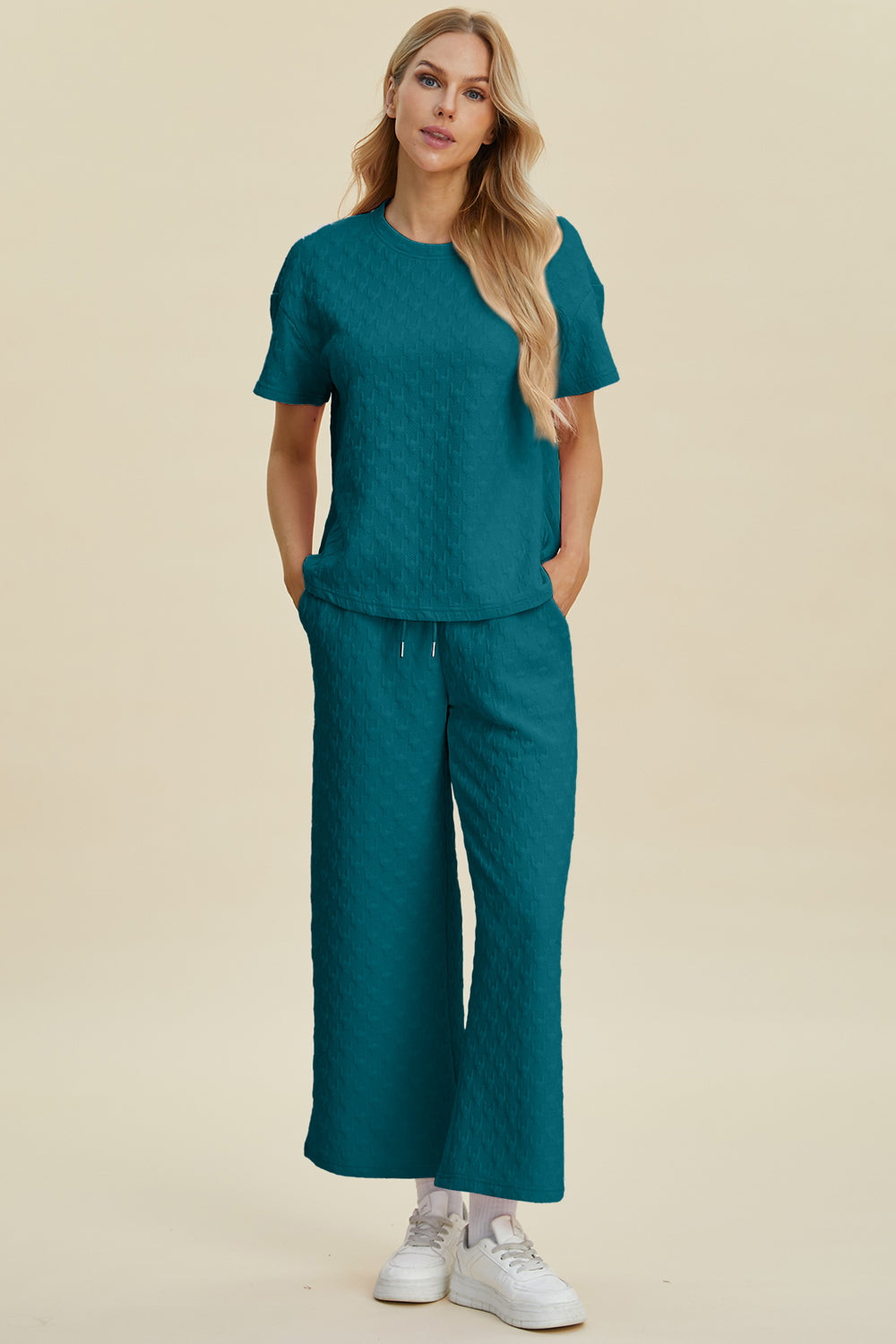 SET Double Take Full Size Texture Round Neck Short Sleeve Top and Pants Set