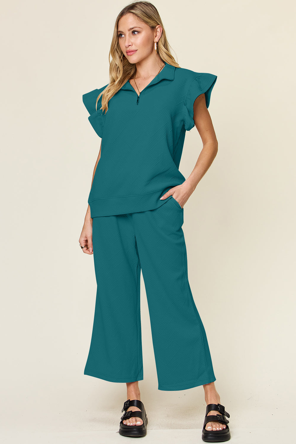 SET Double Take Texture Ruffle Short Sleeve Top and Drawstring Wide Leg Pants Set