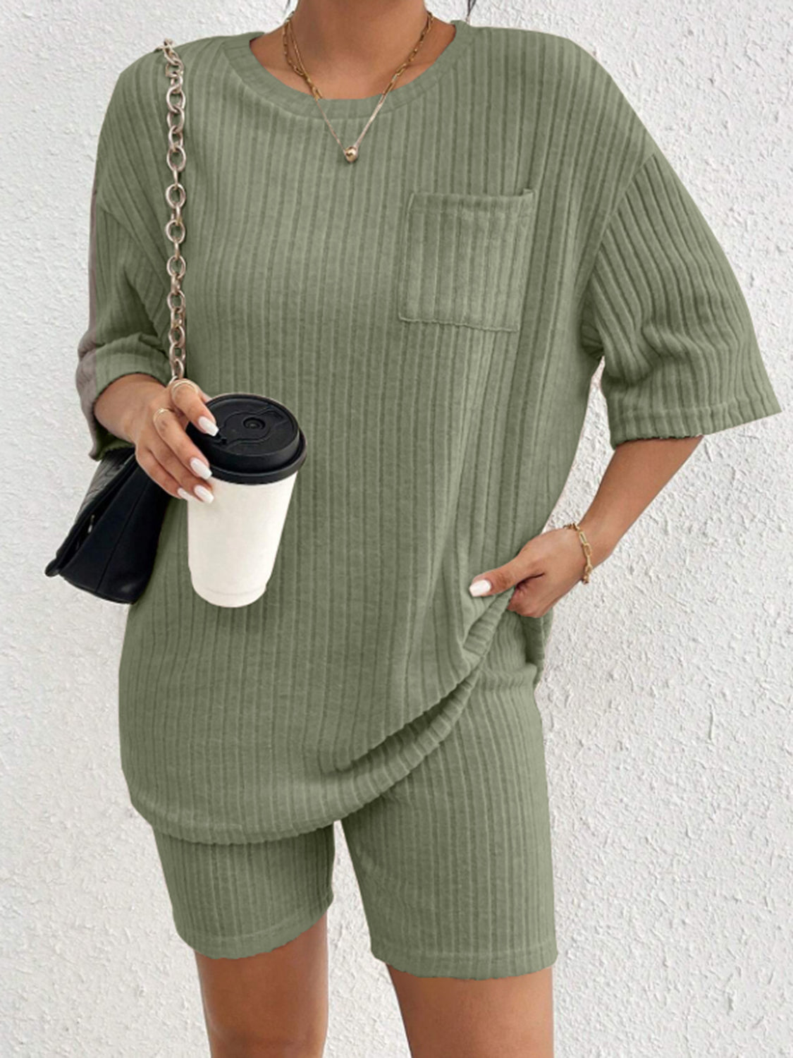 Set Ribbed Round Neck Top and Shorts