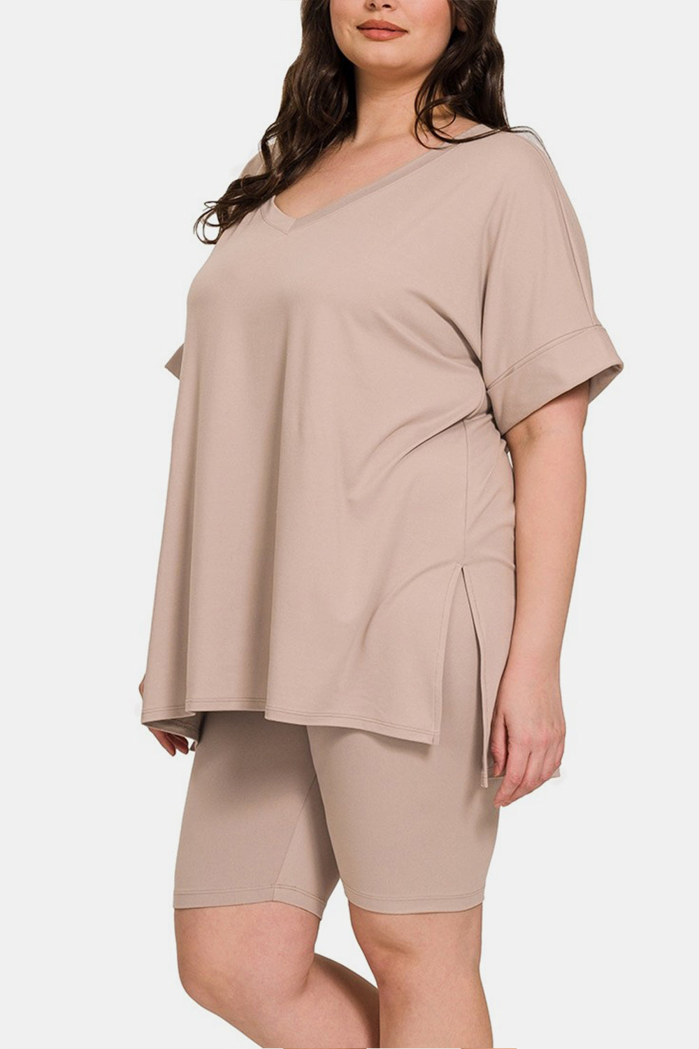 Set Zenana Full Size V-Neck Short Sleeve Slit Top and Shorts Set