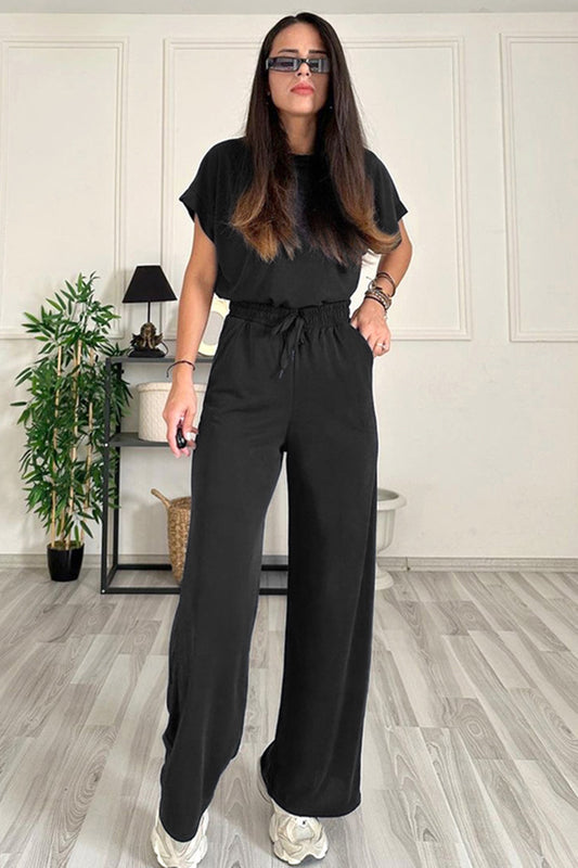 Set Round Neck Short Sleeve Top and Drawstring Pants Set