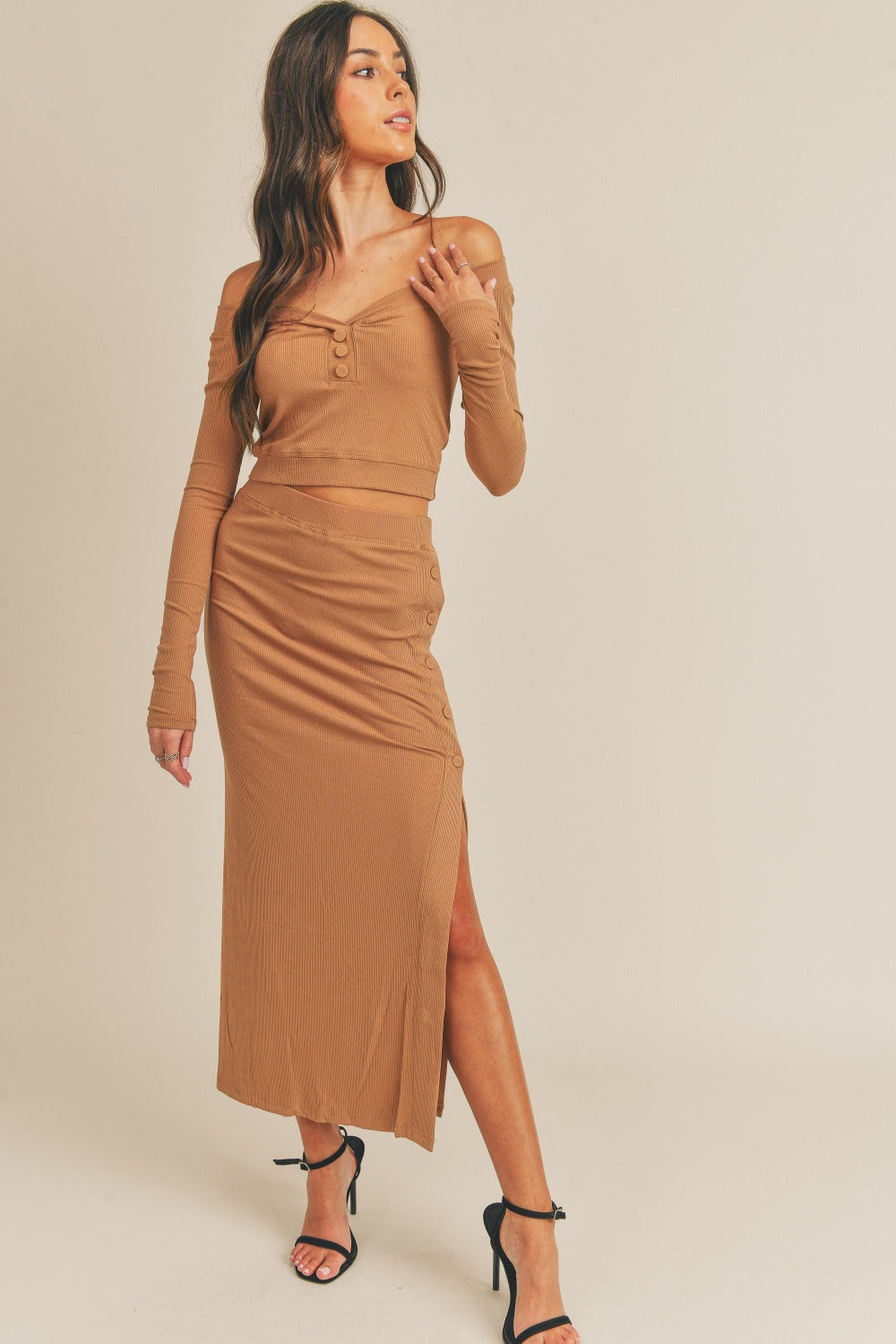Set MABLE Button Detail Crop Top and Slit Midi Skirt Set