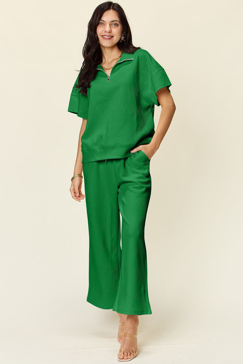 SET Double Take Full Size Texture Half Zip Short Sleeve Top and Pants Set
