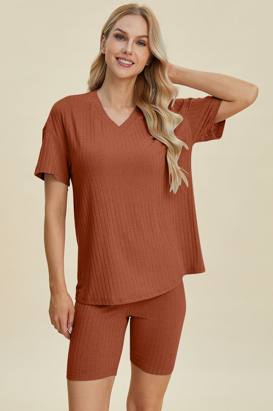 SET Basic Bae Full Size Ribbed V-Neck Short Sleeve Top and Shorts Set