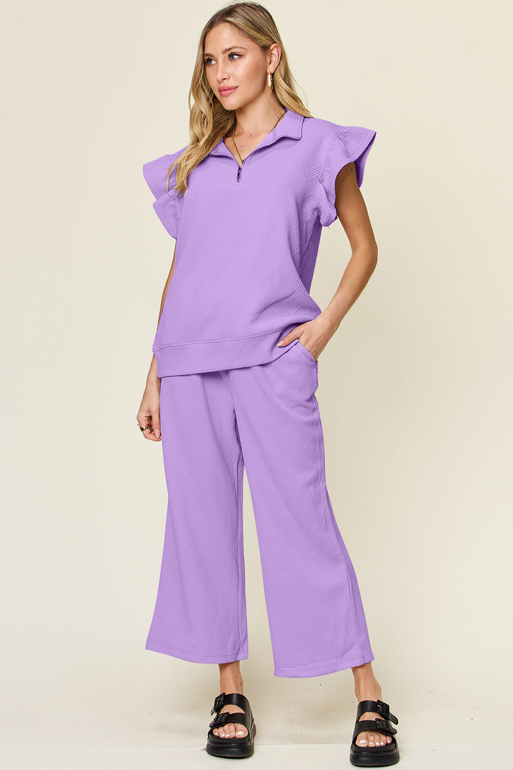 SET Double Take Texture Ruffle Short Sleeve Top and Drawstring Wide Leg Pants Set