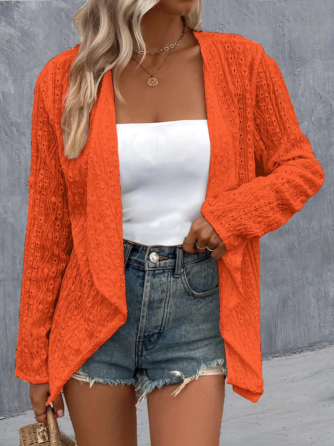 Outerwear Eyelet Roll-Tab Sleeve Cardigan