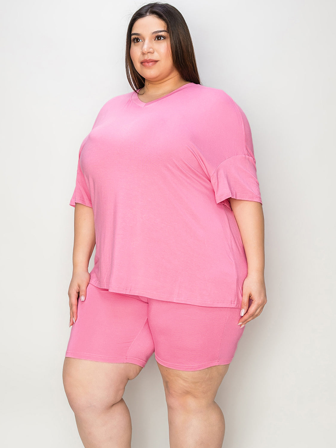 SET Basic Bae Full Size V-Neck Drop Shoulder Top and Shorts Set