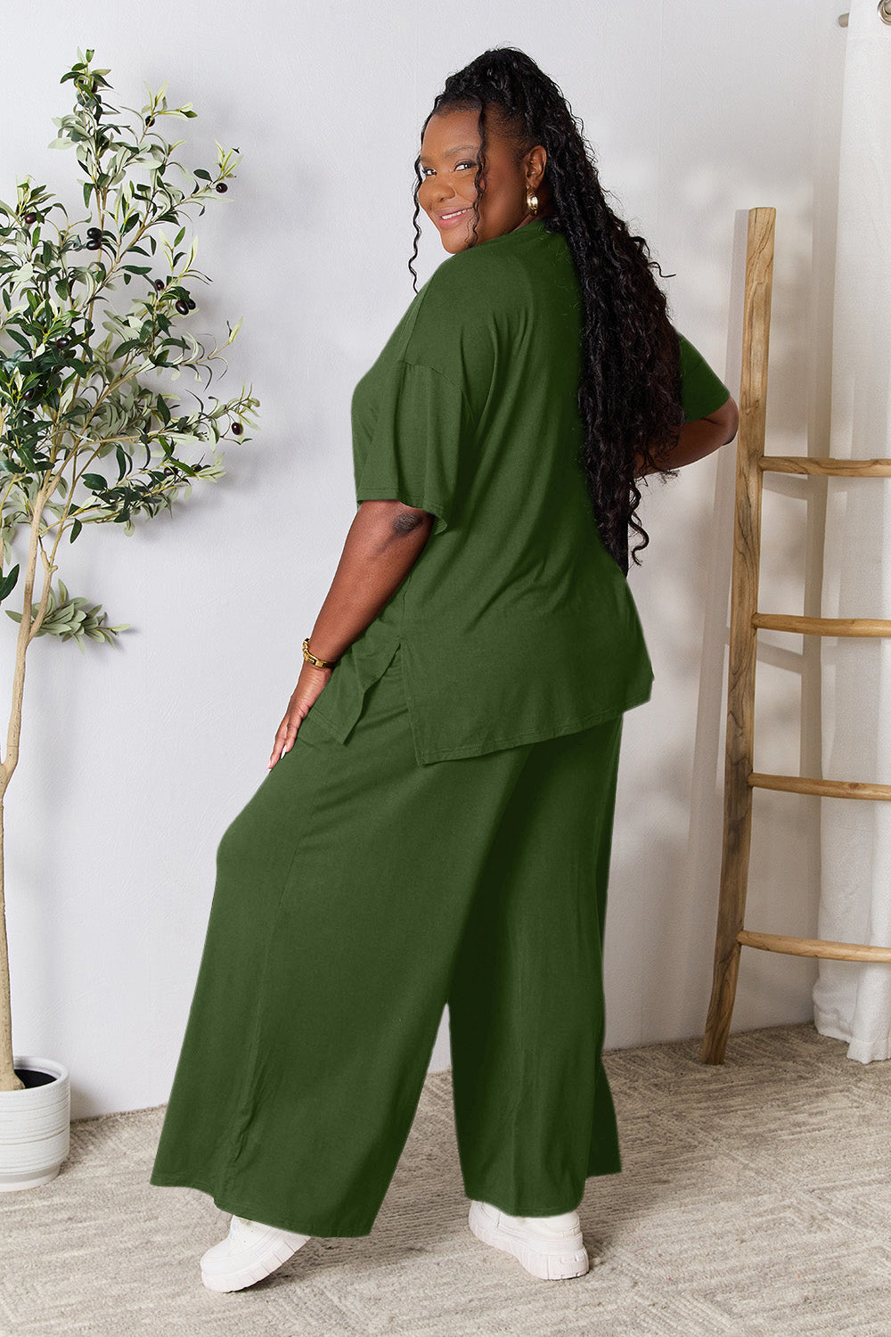 Set Double Take Full Size Round Neck Slit Top and Pants Set