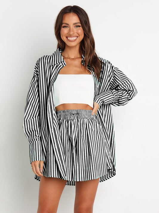 Set Striped Dropped Shoulder Top and Shorts Set