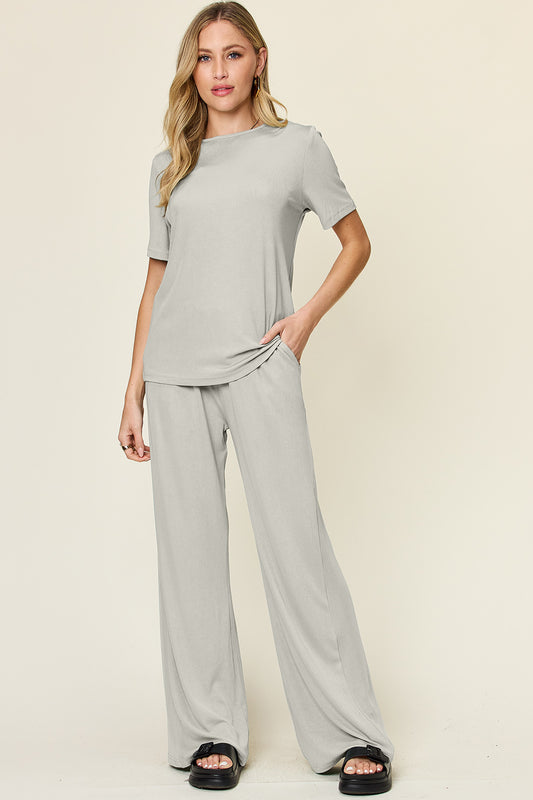 SET Double Take Full Size Round Neck Short Sleeve Top and Wide Leg Pants Set