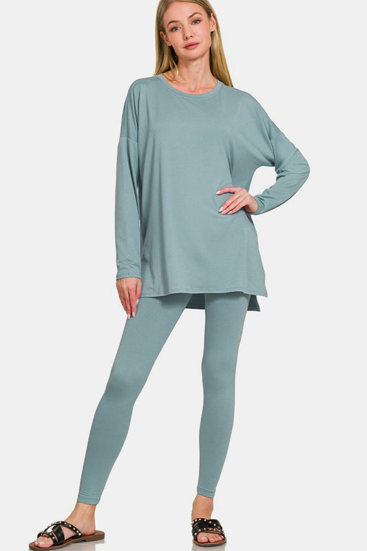 Set Zenana Full Size Brushed Microfiber Top and Leggings Lounge Set