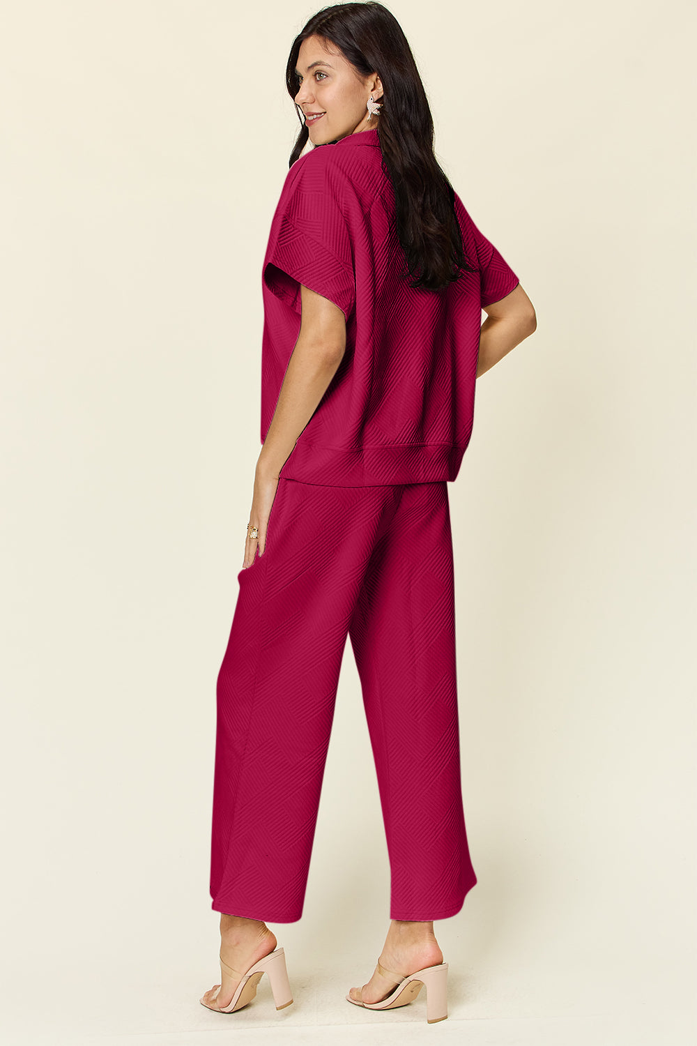 SET Double Take Full Size Texture Half Zip Short Sleeve Top and Pants Set