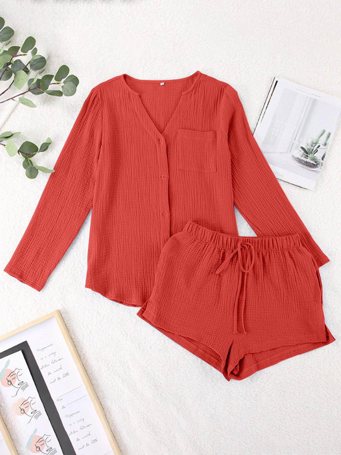 SET Notched Long Sleeve Top and Shorts Set