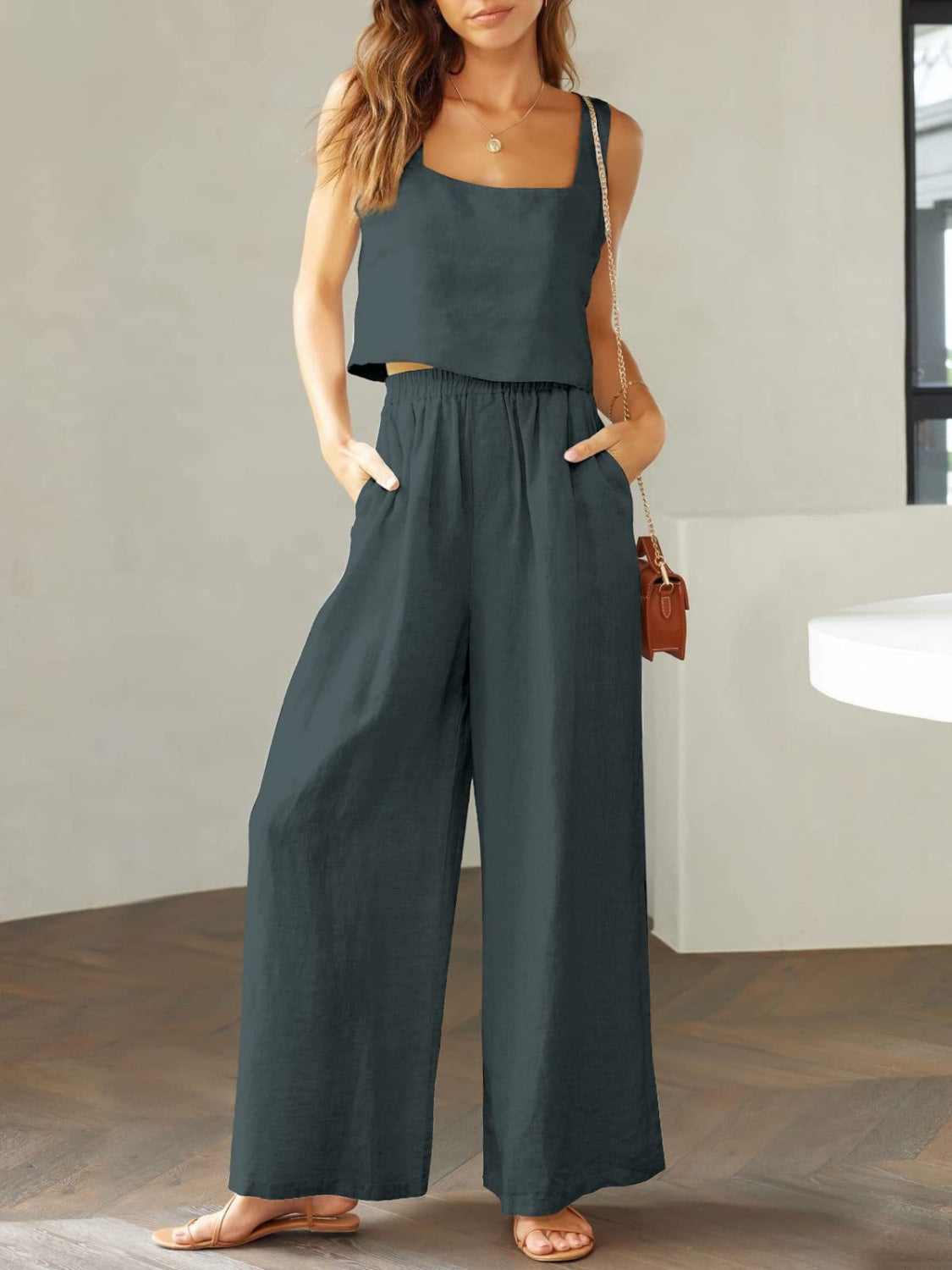 Set Square Neck Top and Wide Leg Pants Set