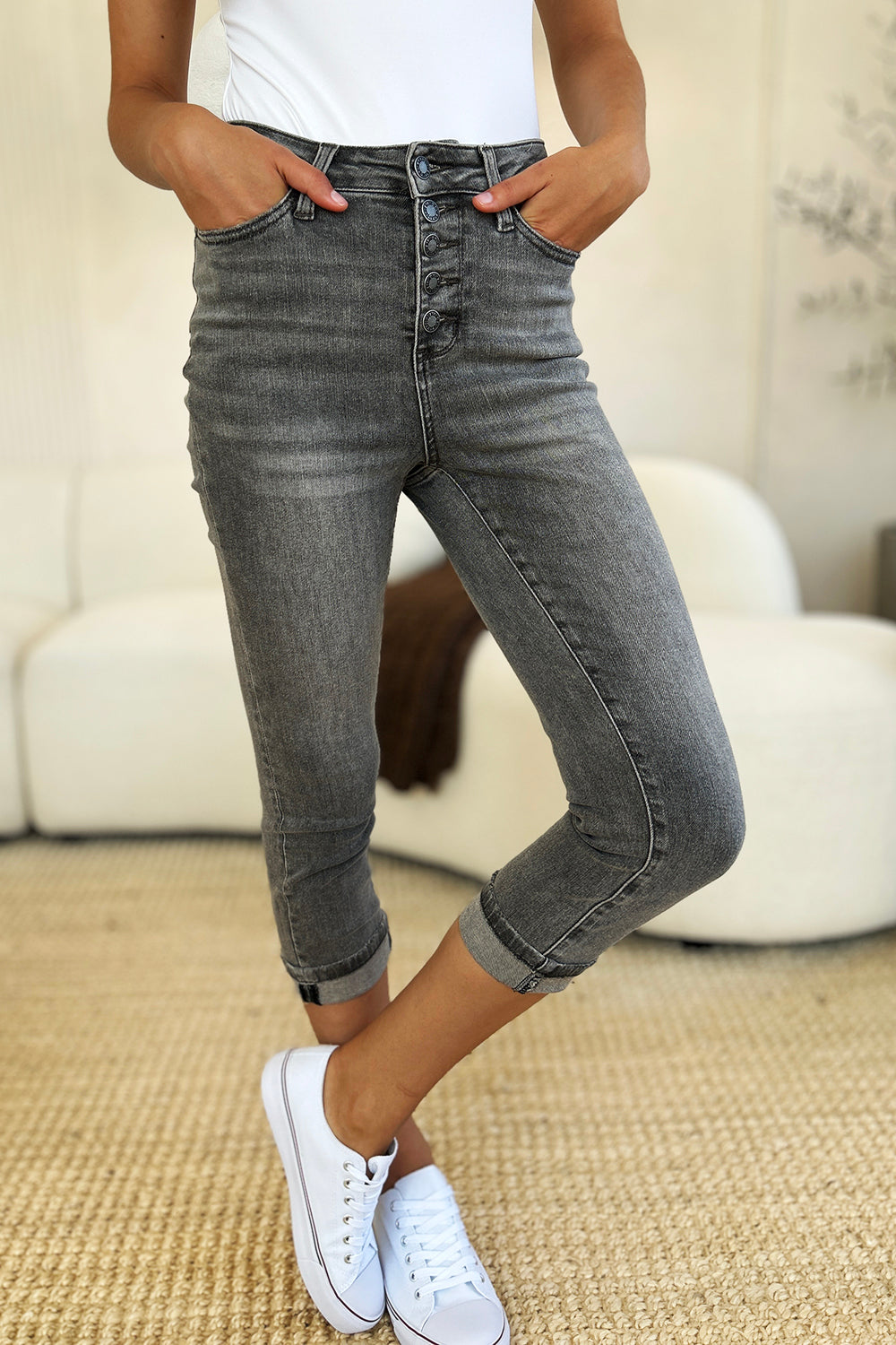 BOTTOM Judy Blue Full Size Button Fly High Waist Cuffed Capris