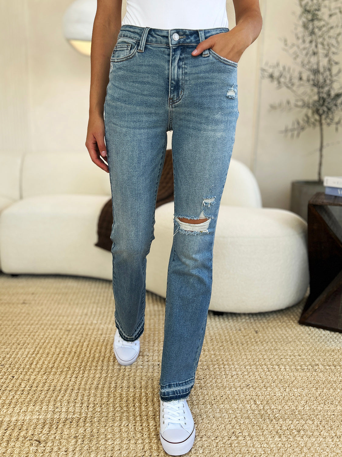BOTTOM Judy Blue Full Size Mid Rise Destroyed Hem Distressed Jeans
