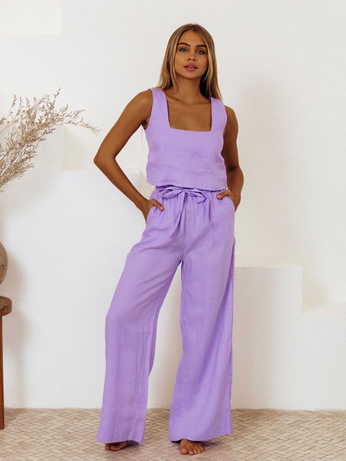 Set Square Neck Sleeveless Top and Pants Set