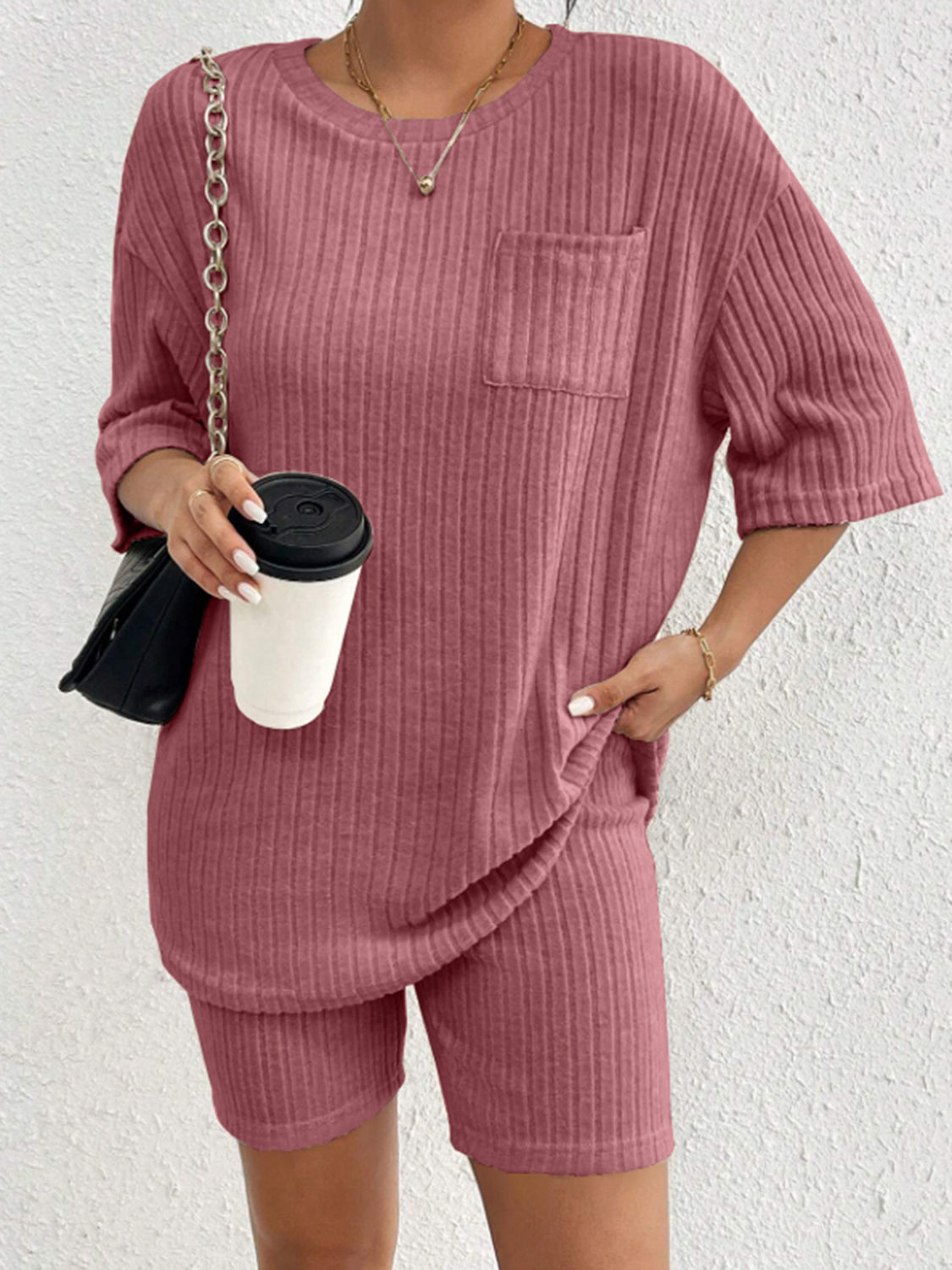 Set Ribbed Round Neck Top and Shorts