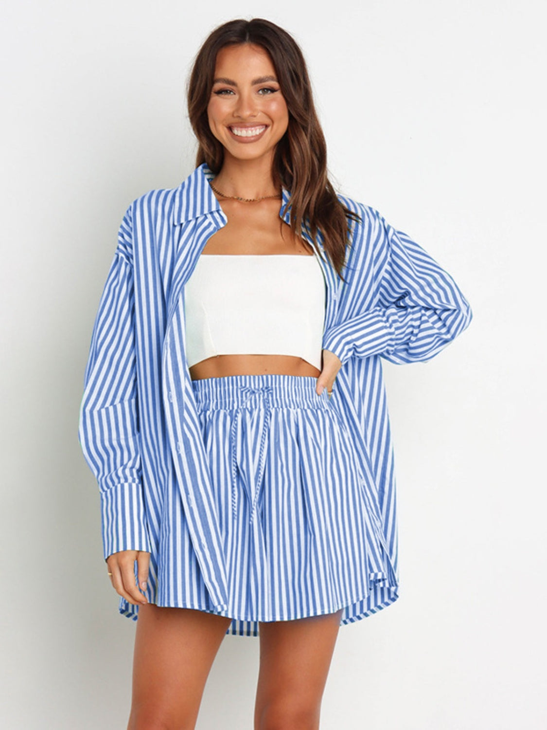 Set Striped Dropped Shoulder Top and Shorts Set