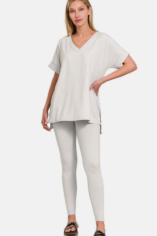 Set Zenana V-Neck Rolled Short Sleeve with pants