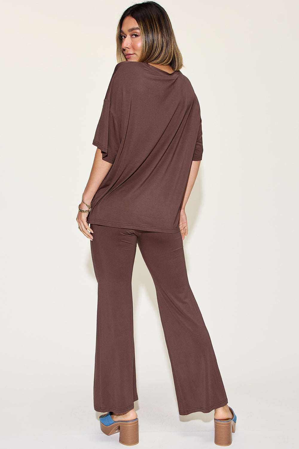 SET Basic Bae Full Size Bamboo Drop Shoulder top and Flare Pants Set