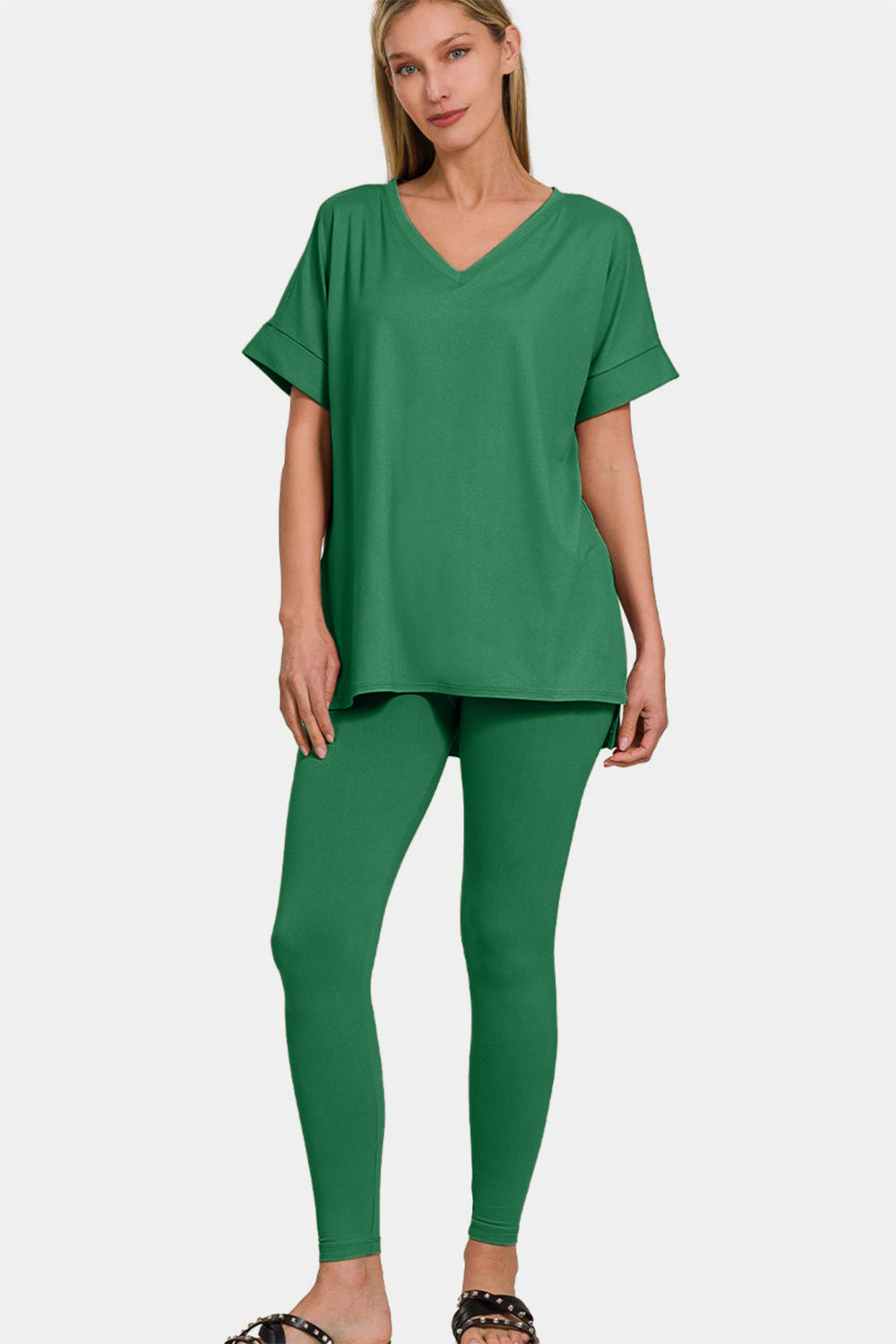 Set Zenana Full Size V-Neck Rolled Short Sleeve