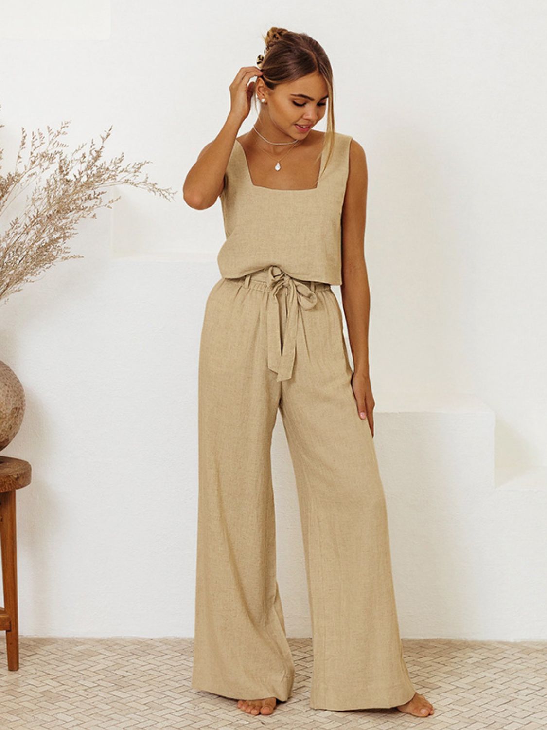 Set Square Neck Sleeveless Top and Pants Set