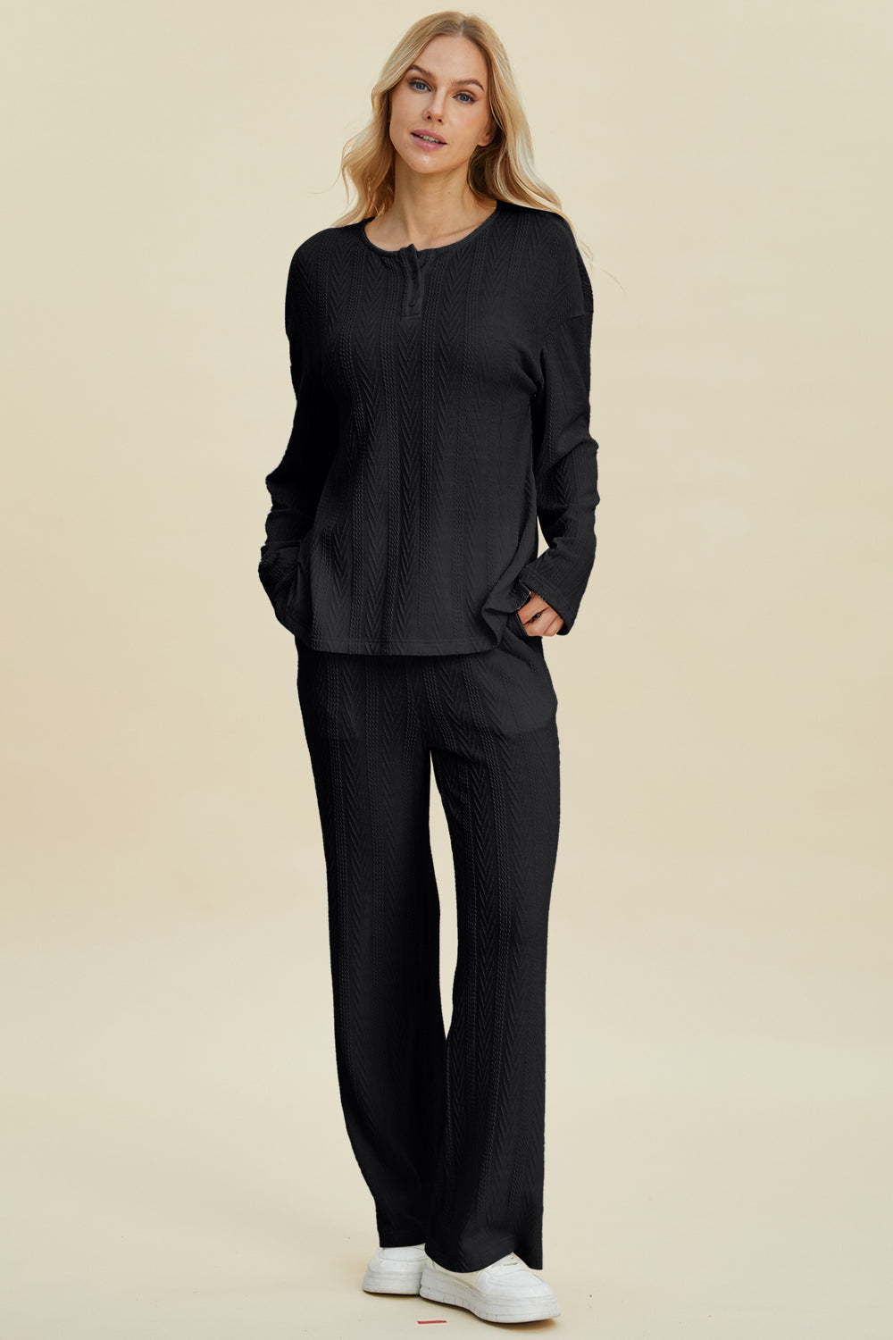 SET Double Take Full Size Cable-Knit Long Sleeve Top and Pants Set