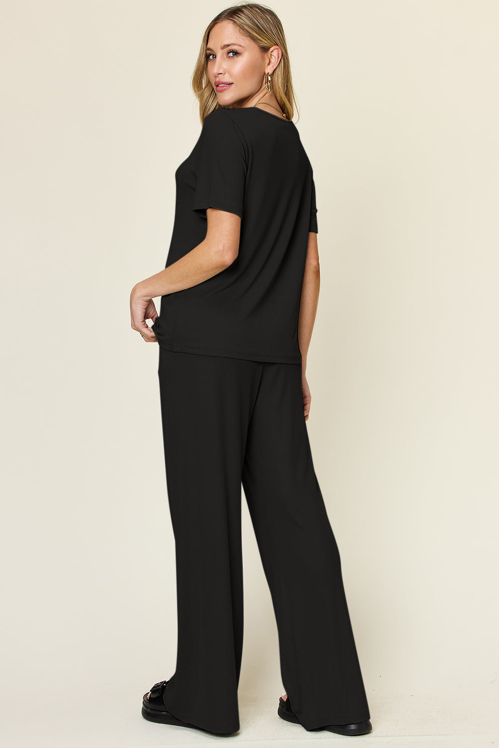 SET Double Take Full Size Round Neck Short Sleeve Top and Wide Leg Pants Set
