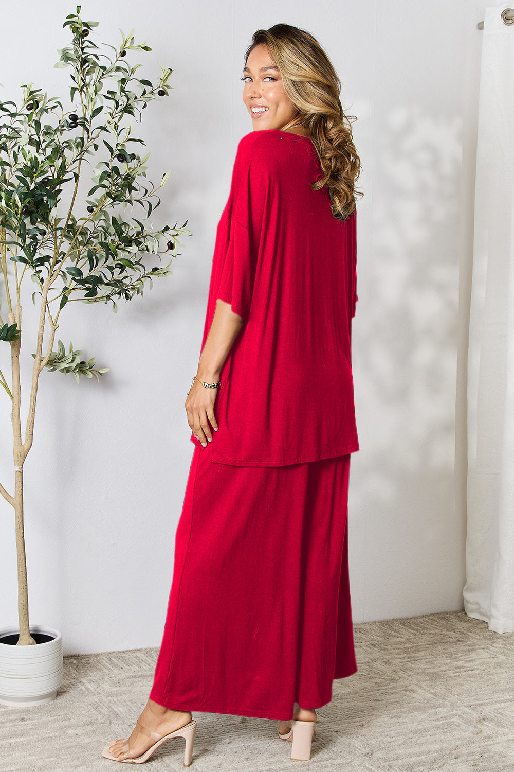 Set Double Take Full Size Round Neck Slit Top and Pants Set