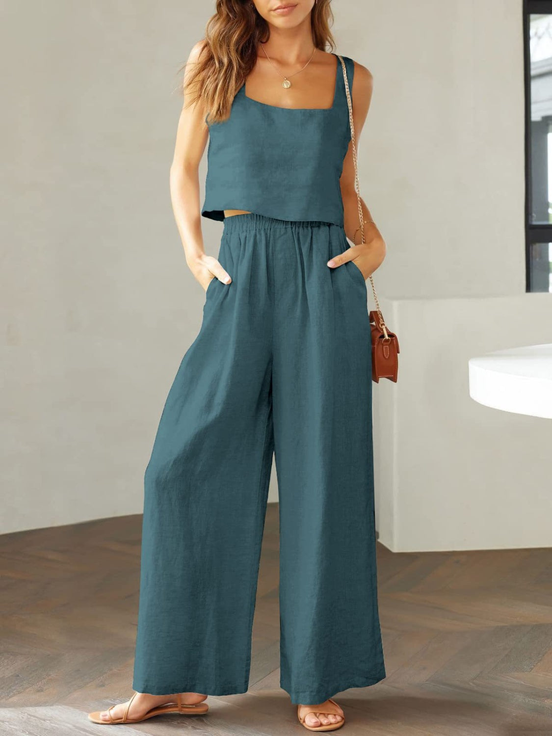 Set Square Neck Top and Wide Leg Pants Set