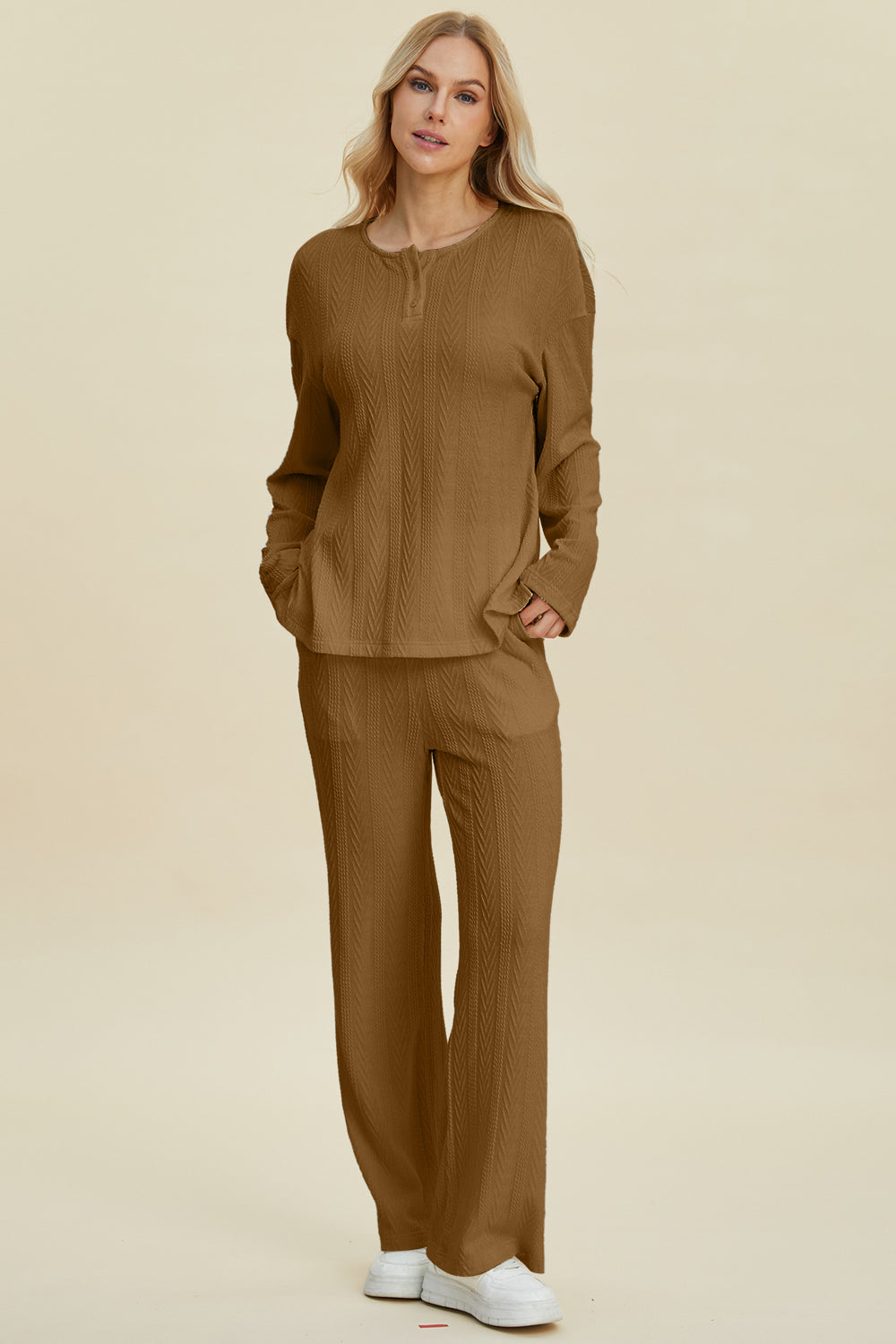 SET Double Take Full Size Cable-Knit Long Sleeve Top and Pants Set