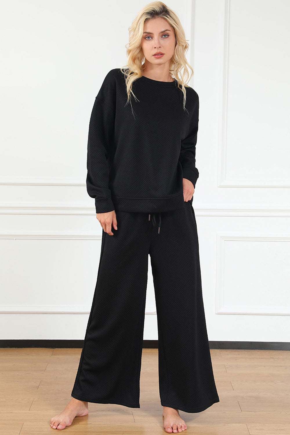 SET Double Take Full Size Textured Long Sleeve Top and Drawstring Pants Set