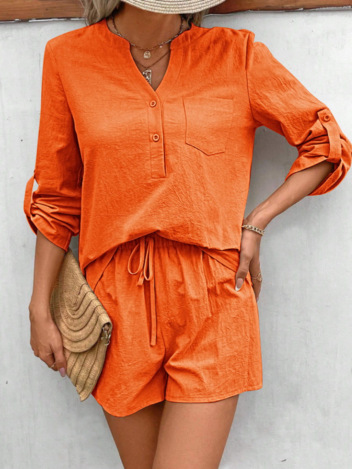 SET Notched Long Sleeve Top and Shorts Set