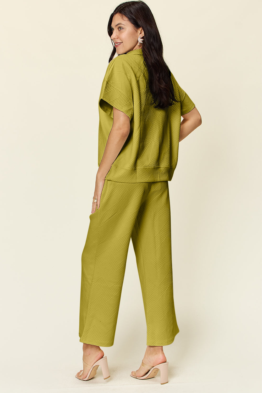 SET Double Take Full Size Texture Half Zip Short Sleeve Top and Pants Set