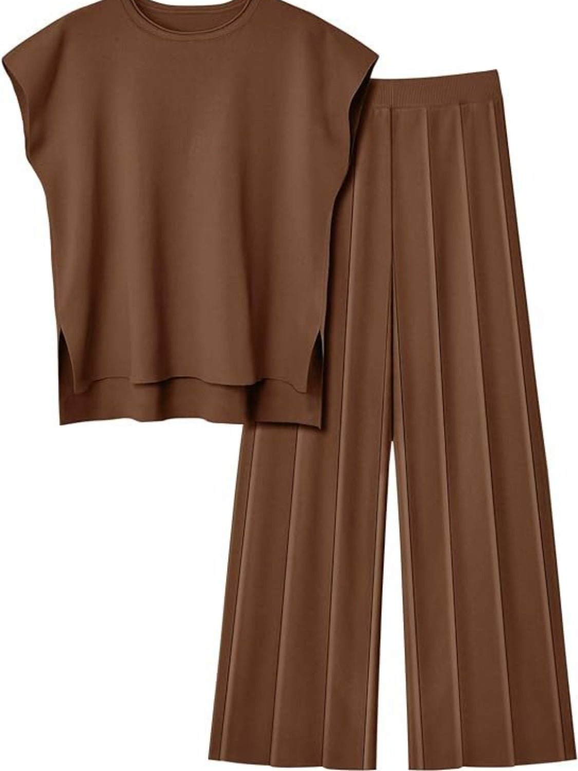 Set Round Neck Cap Sleeve Top and Pants Knit Set