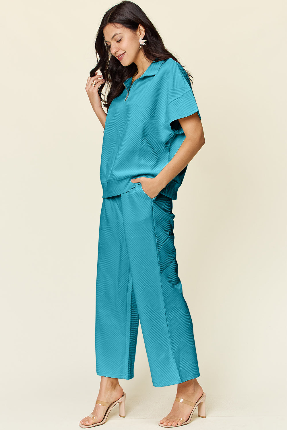 SET Double Take Full Size Texture Half Zip Short Sleeve Top and Pants Set