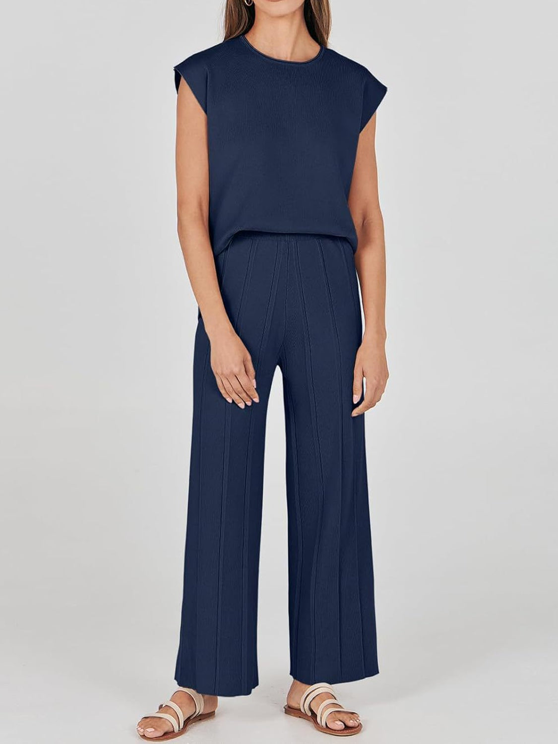 Set Round Neck Cap Sleeve Top and Pants Knit Set