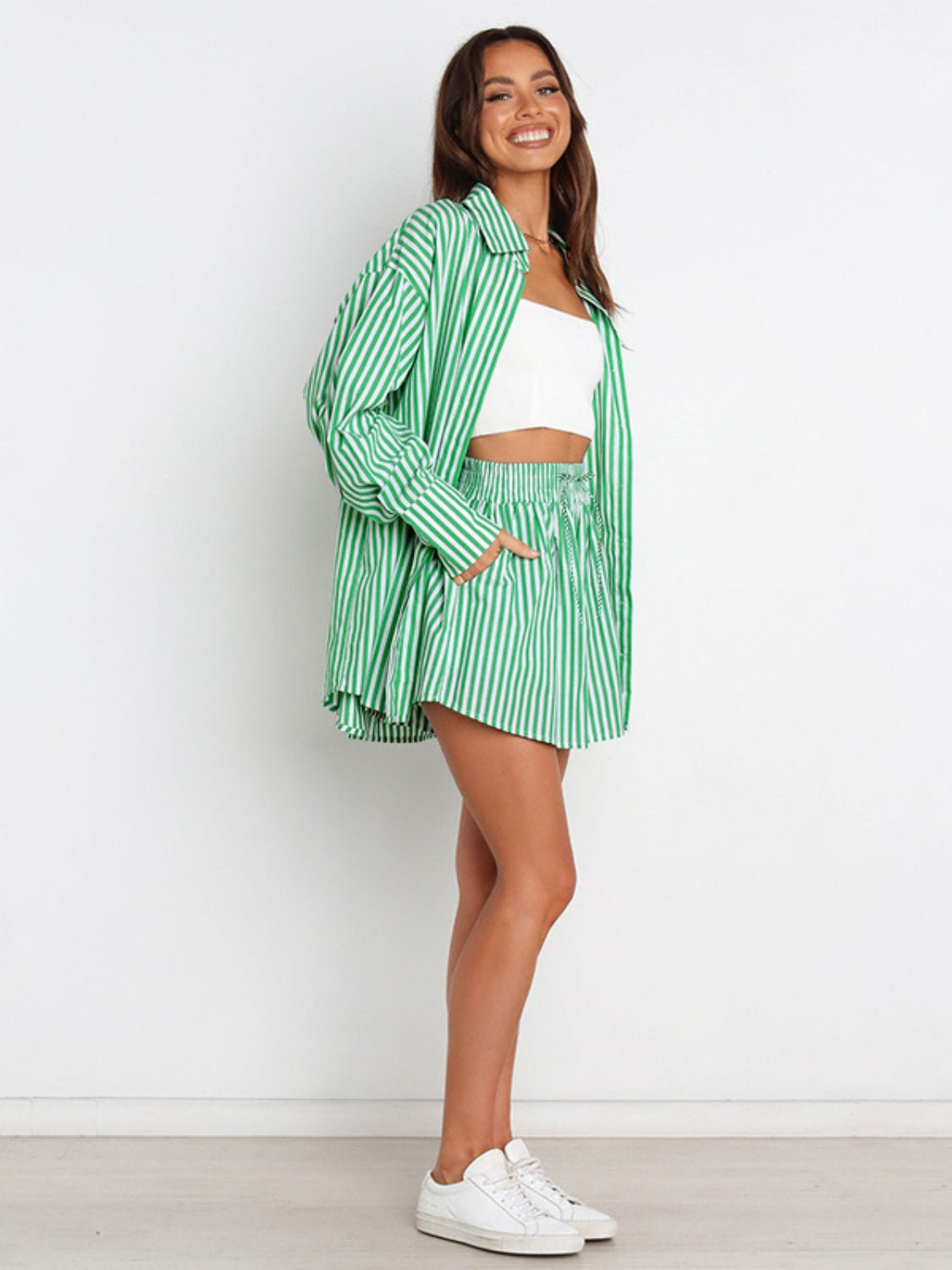 Set Striped Dropped Shoulder Top and Shorts Set