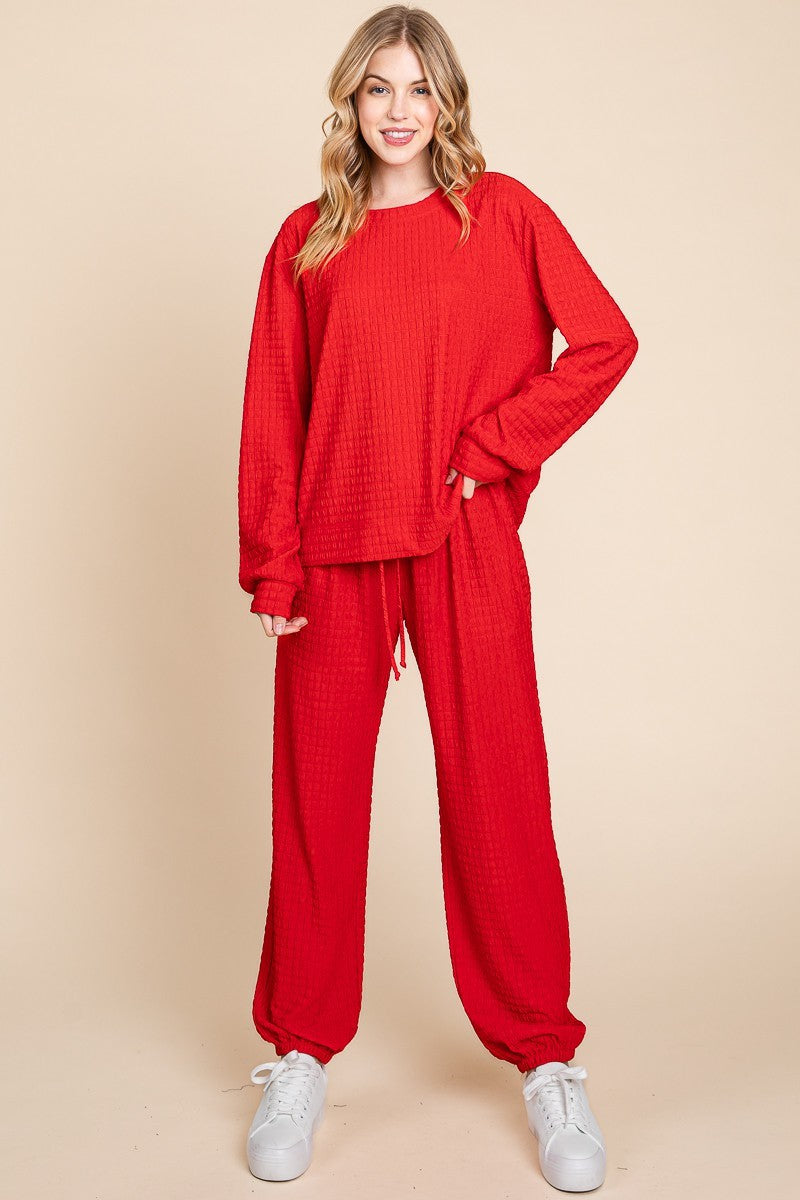 Set Super Lady Full Size Crinkle Check Round Neck Top and Pants Lounge Set