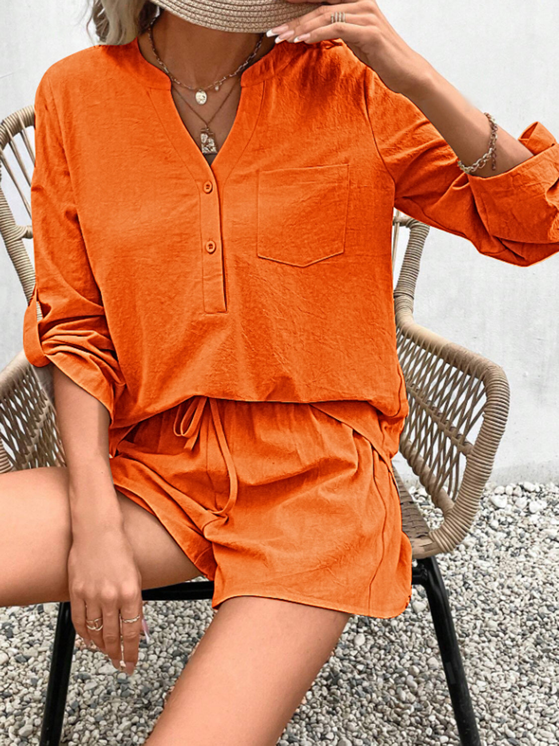 SET Notched Long Sleeve Top and Shorts Set