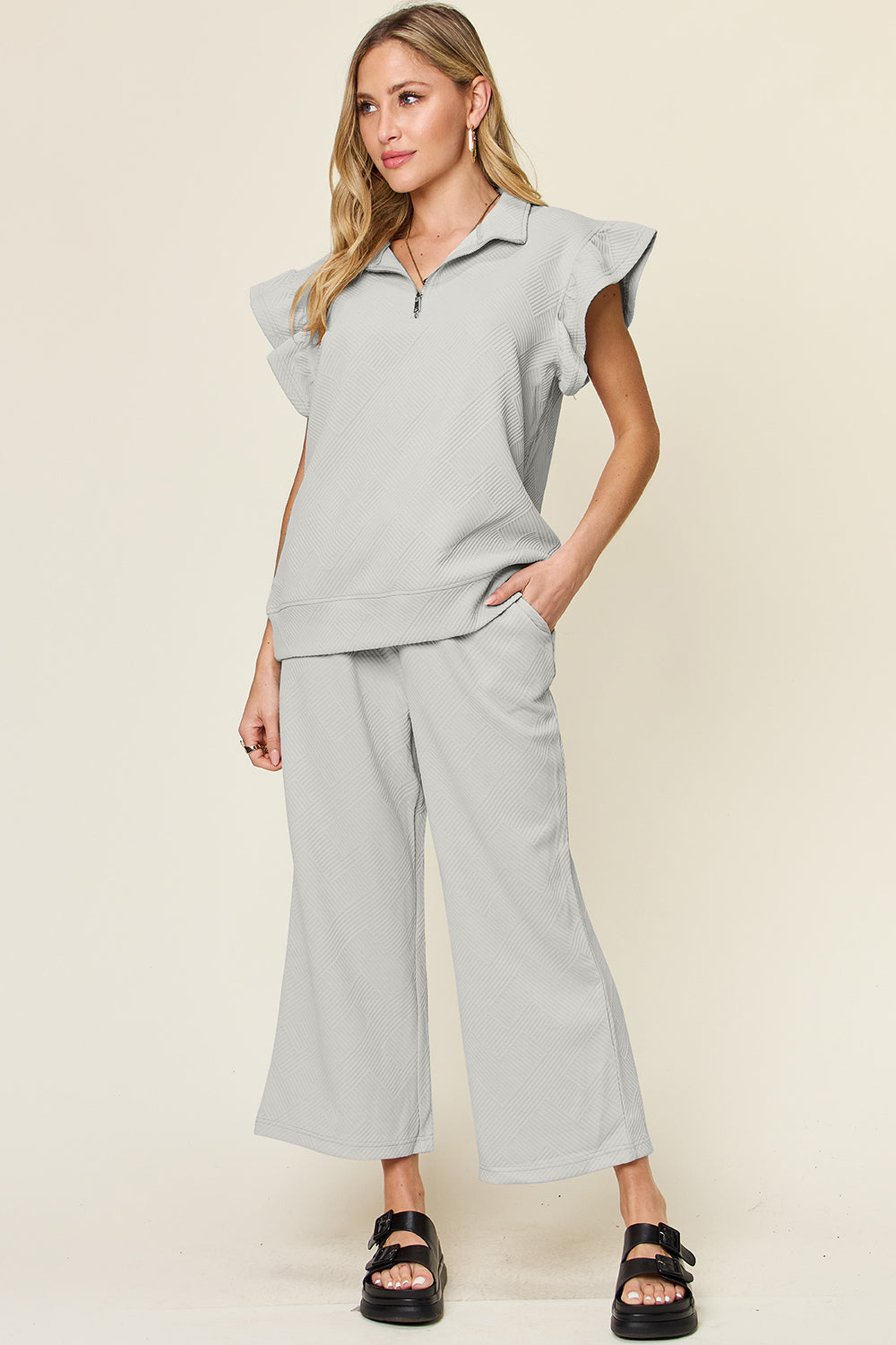 SET Double Take Texture Ruffle Short Sleeve Top and Drawstring Wide Leg Pants Set
