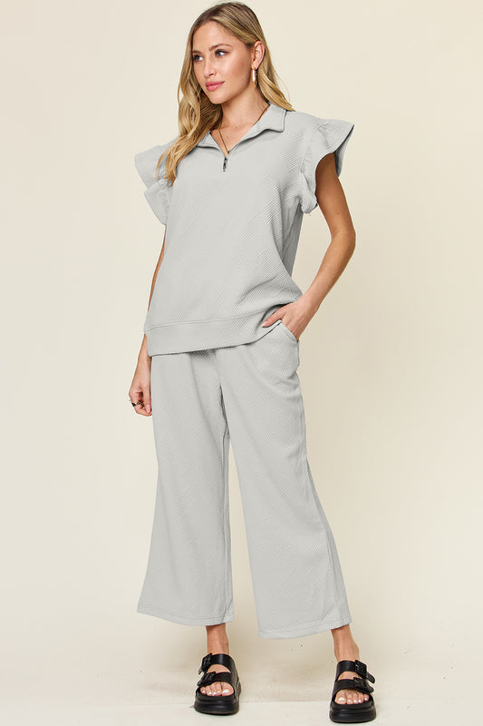 SET Double Take Texture Ruffle Short Sleeve Top and Drawstring Wide Leg Pants Set