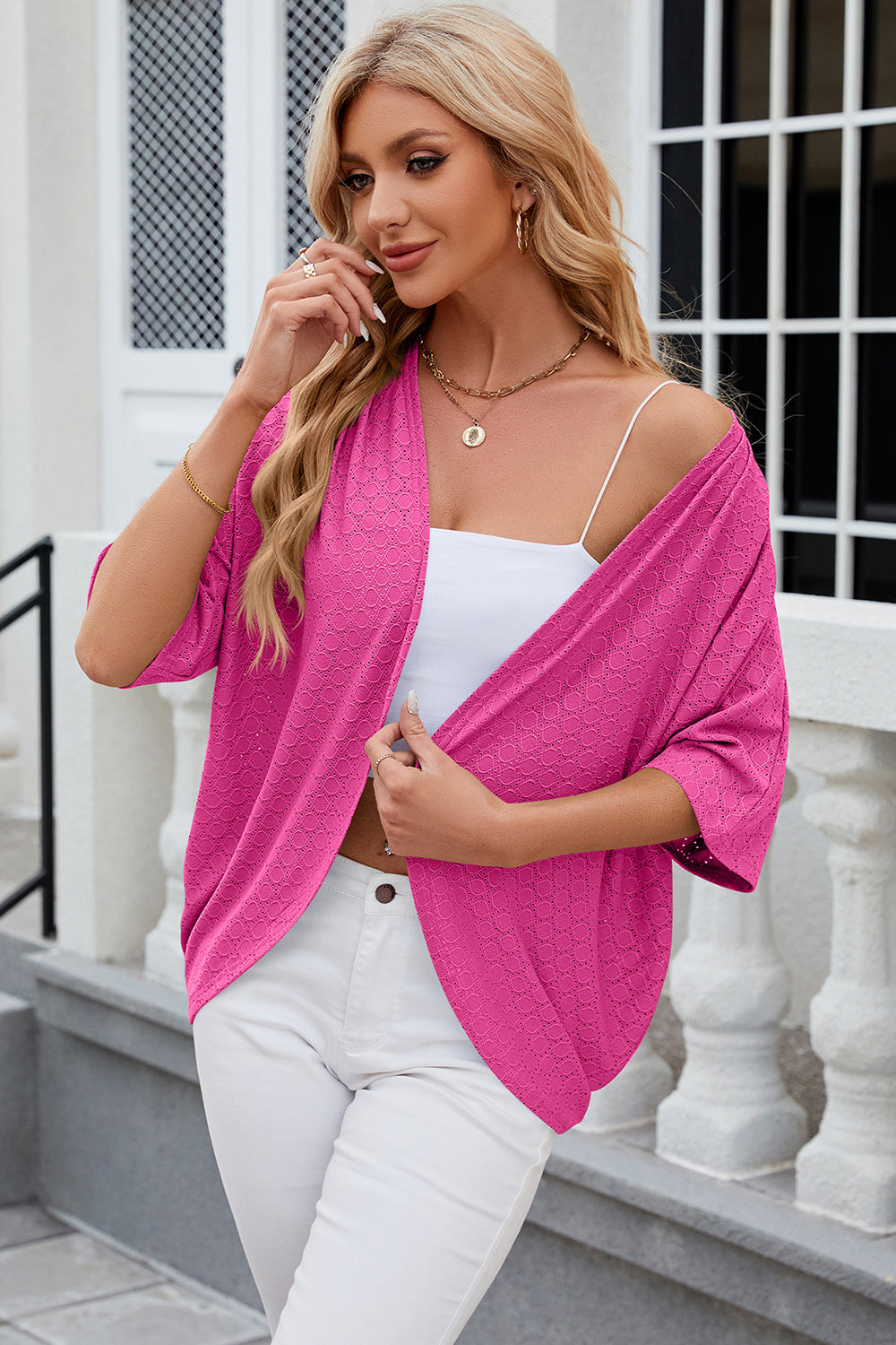 Outerwear Eyelet Open Front Half Sleeve Cardigan